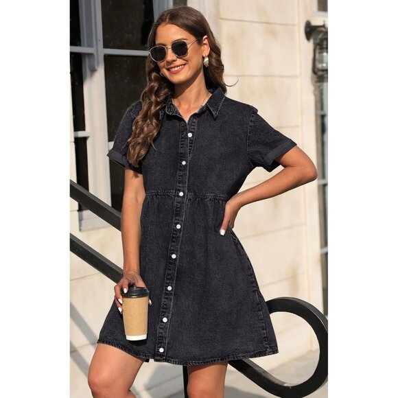 Women’s Denim Dress Cotton Blend Short Sleeve Pockets Babydoll Casual - Picture 6 of 6